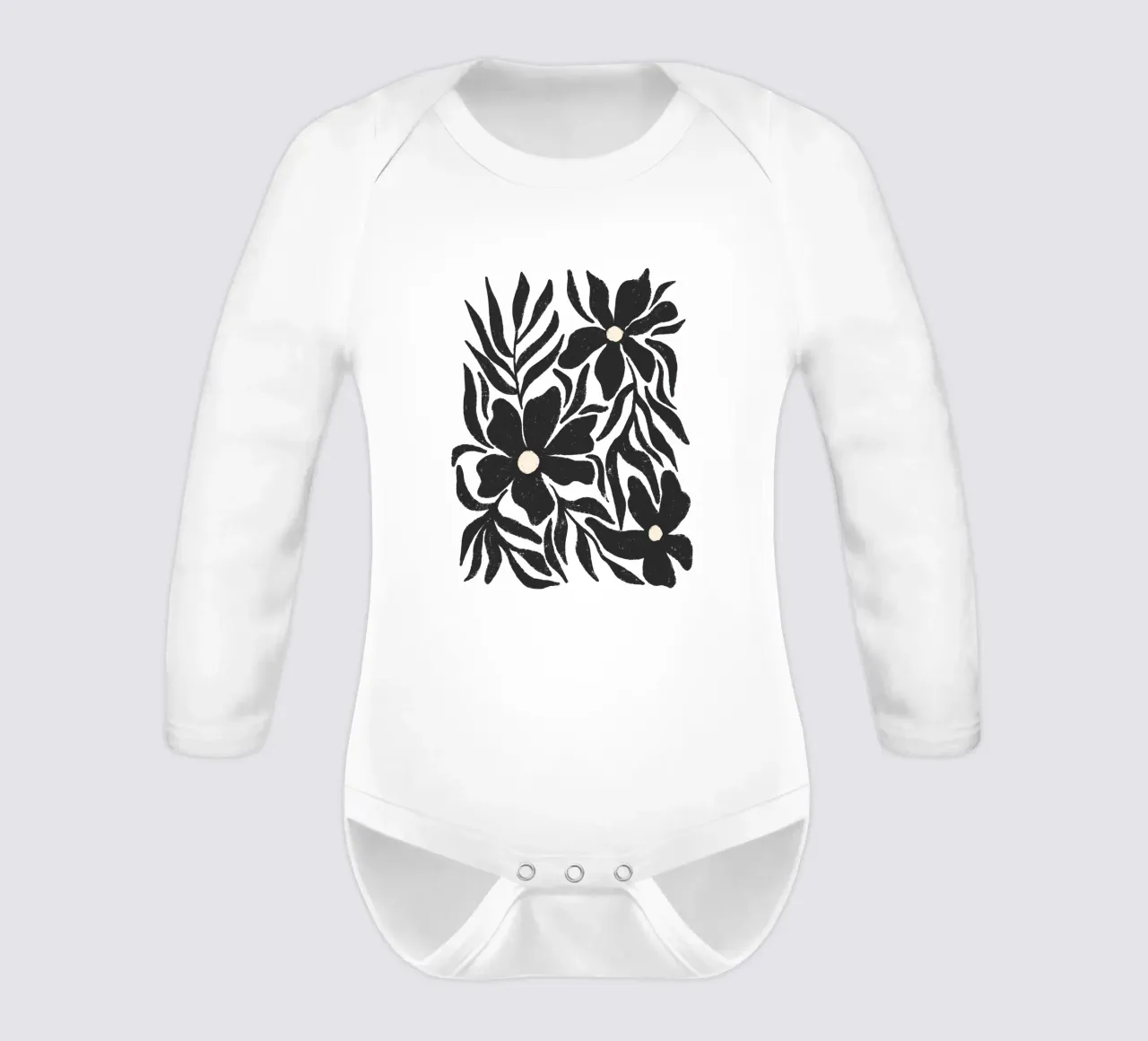 Textured flowers and branches silhouettes long-sleeve baby romper by Wackapacka