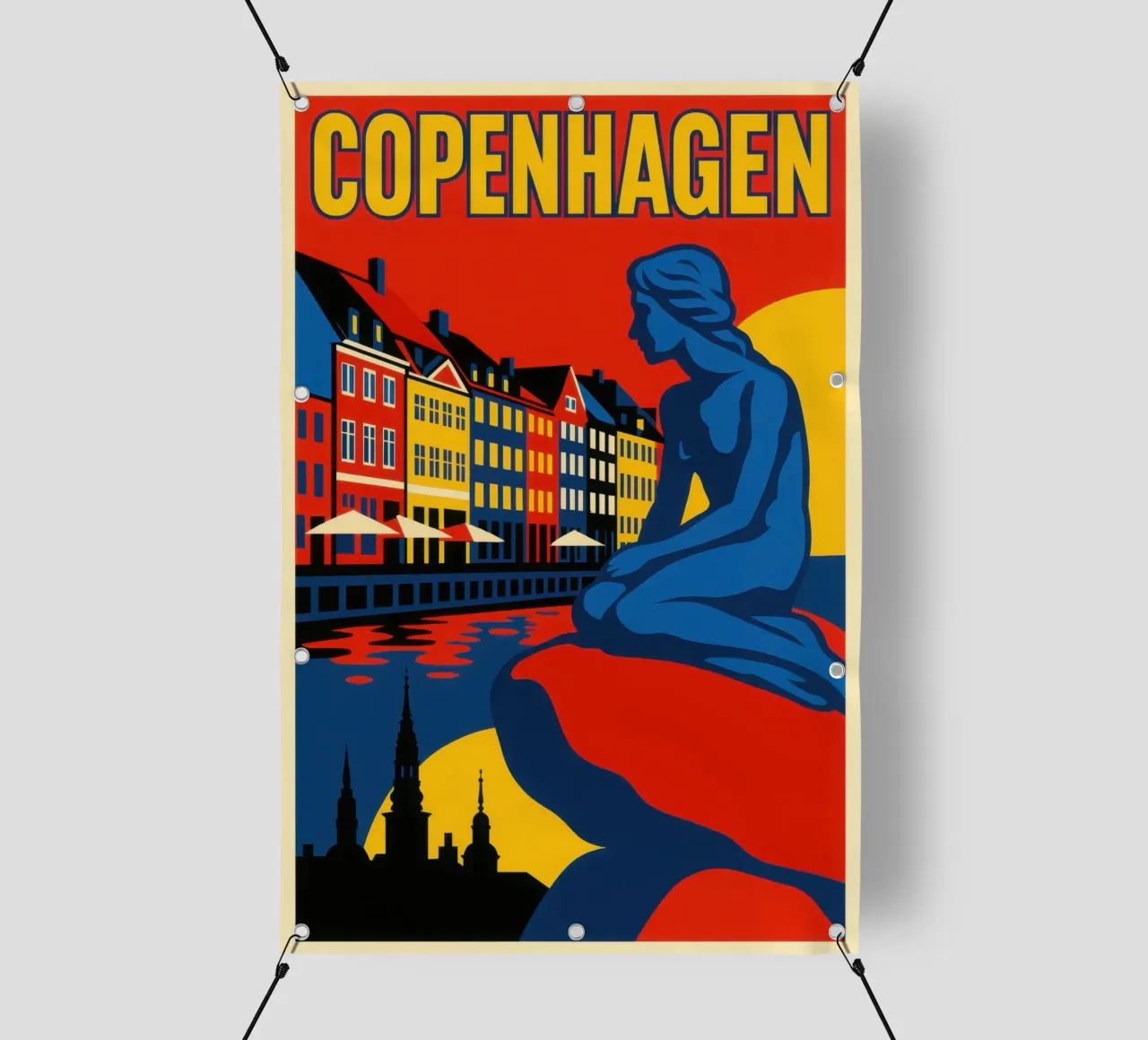 Copenaghen in contrasto: la sirena e i riflessi del porto telo in pvc da JETLAG | affiches voyage