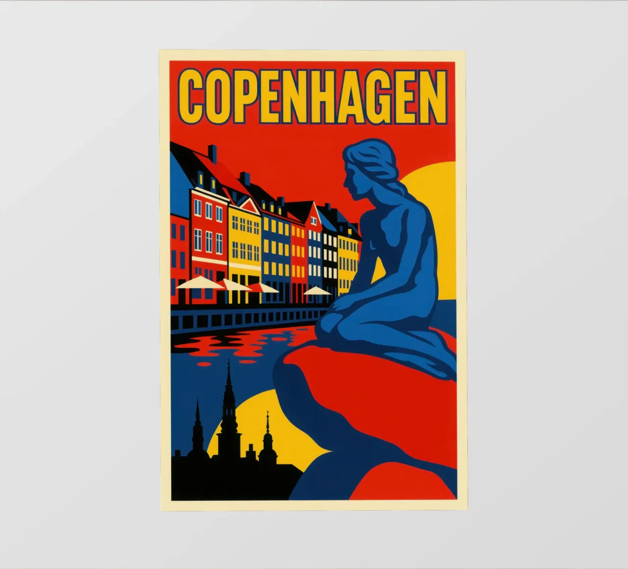 Copenaghen in contrasto: la sirena e i riflessi del porto telo in pvc da JETLAG | affiches voyage