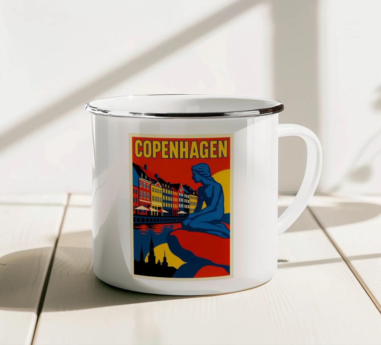Copenhagen in contrast - the siren and the harbour reflections enamel mug by JETLAG | affiches voyage