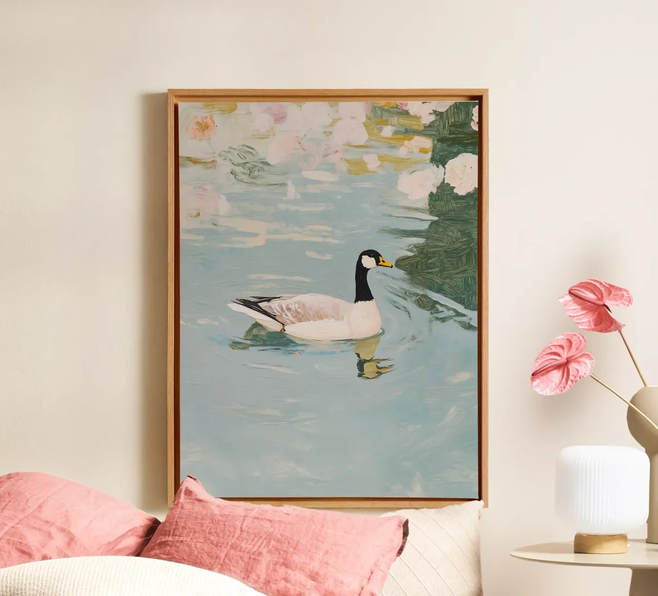 Swan Poster, Retro Print, Vintage Art Print canvas with Floater frame by Little Lila