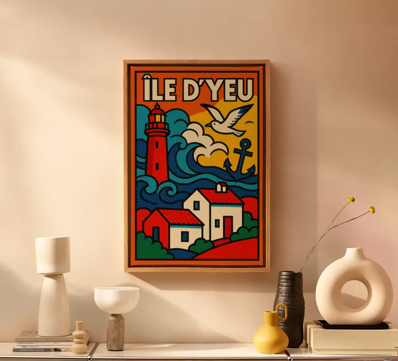Île d'Yeu pop marine - fari, spruzzi di mare e uno stile di vita gentile tela con Cornice a cassetta da JETLAG | affiches voyage