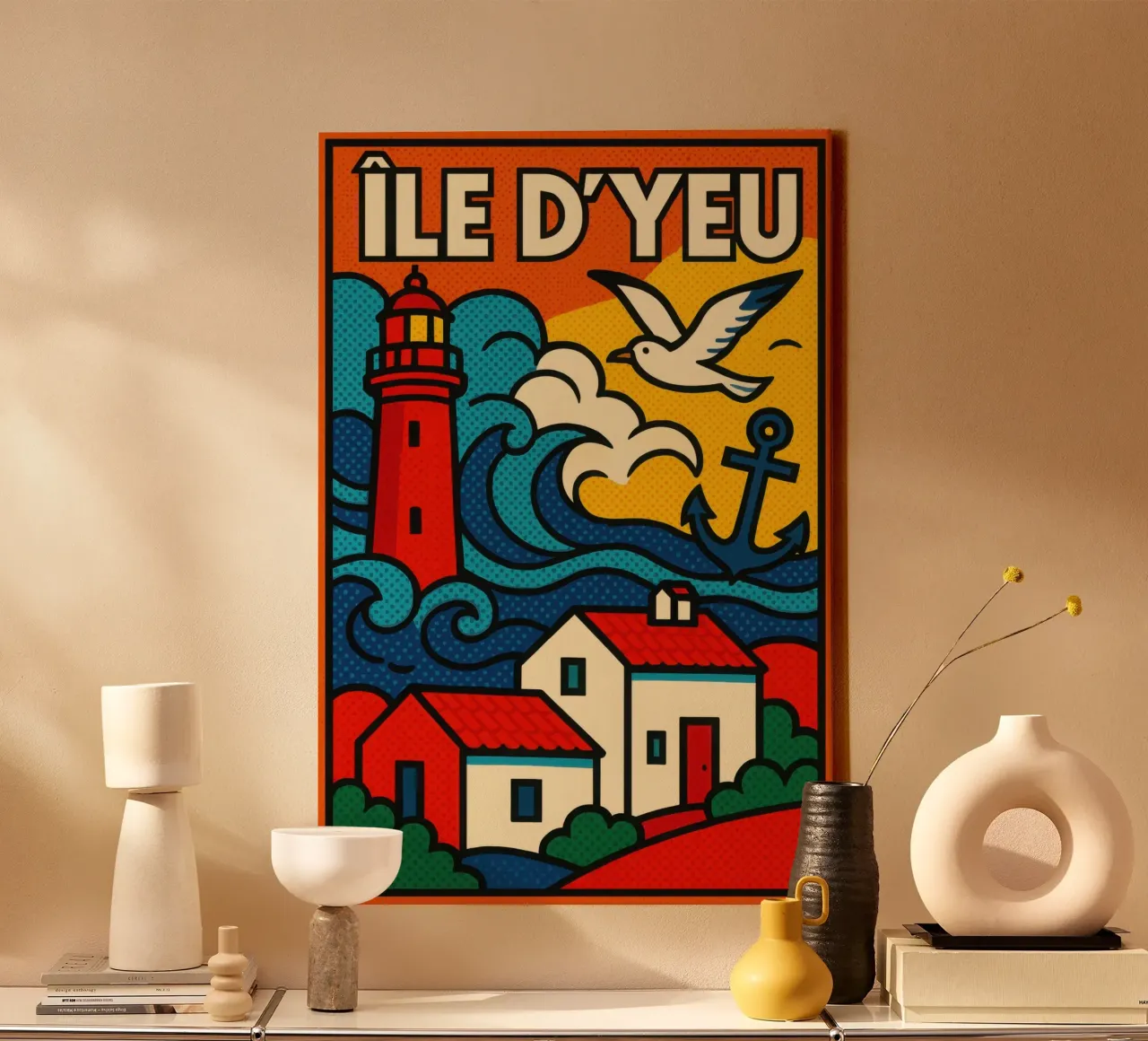 Île d'Yeu pop marine - fari, spruzzi di mare e uno stile di vita gentile tela con Cornice a cassetta da JETLAG | affiches voyage