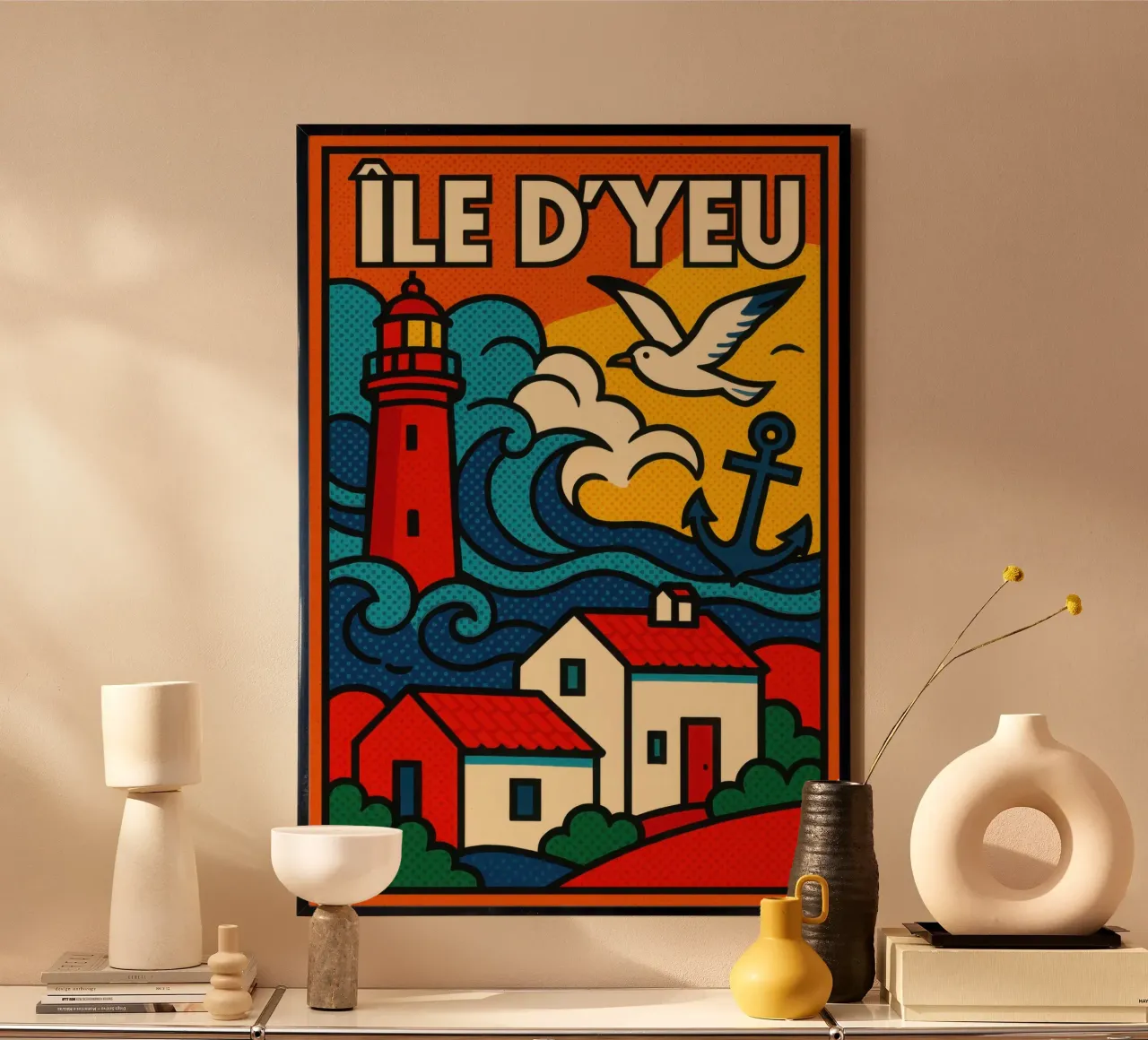 Île d'Yeu pop marine - fari, spruzzi di mare e uno stile di vita gentile poster con telaio in legno da JETLAG | affiches voyage