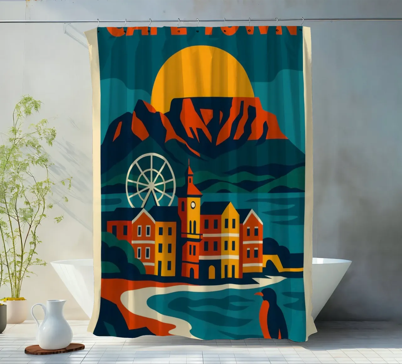 Cape Town - at the foot of the mountain and facing the ocean shower curtain by JETLAG | affiches voyage