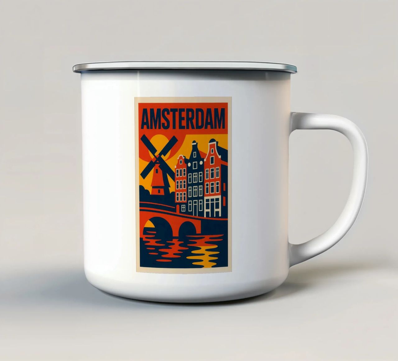 Flamboyant Amsterdam - grachten, gevels en windmolens in silhouet emaille mok van JETLAG | affiches voyage