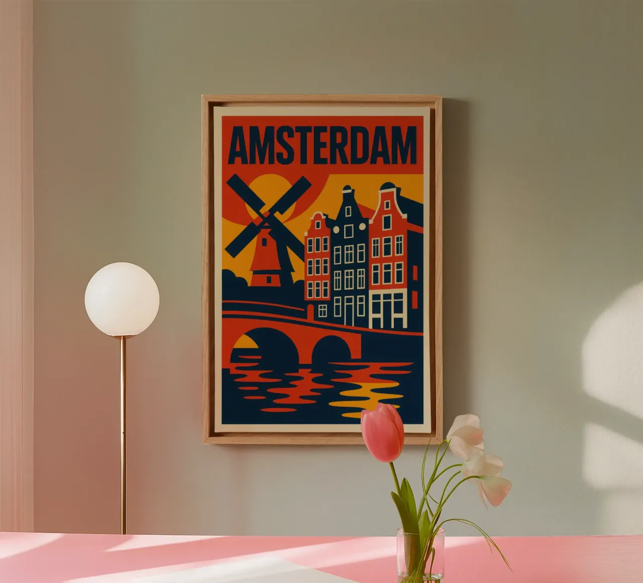 Flamboyant Amsterdam - canals, gables and windmills in silhouette canvas with Floater frame by JETLAG | affiches voyage