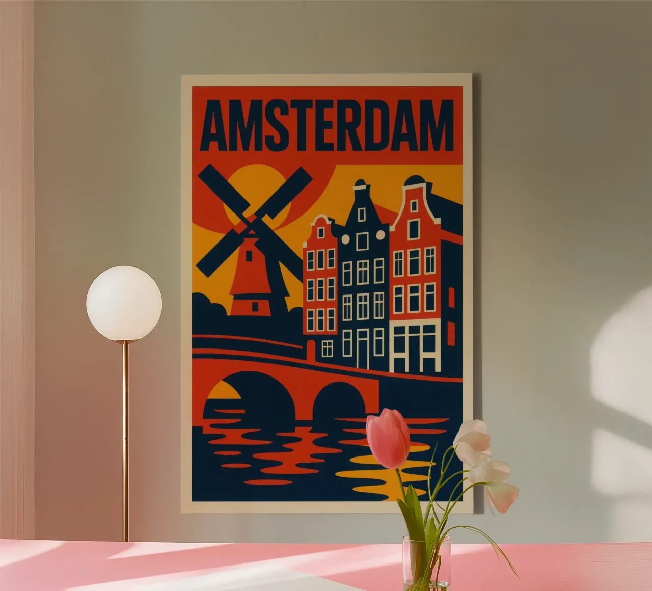 Flamboyant Amsterdam - canals, gables and windmills in silhouette canvas with Floater frame by JETLAG | affiches voyage