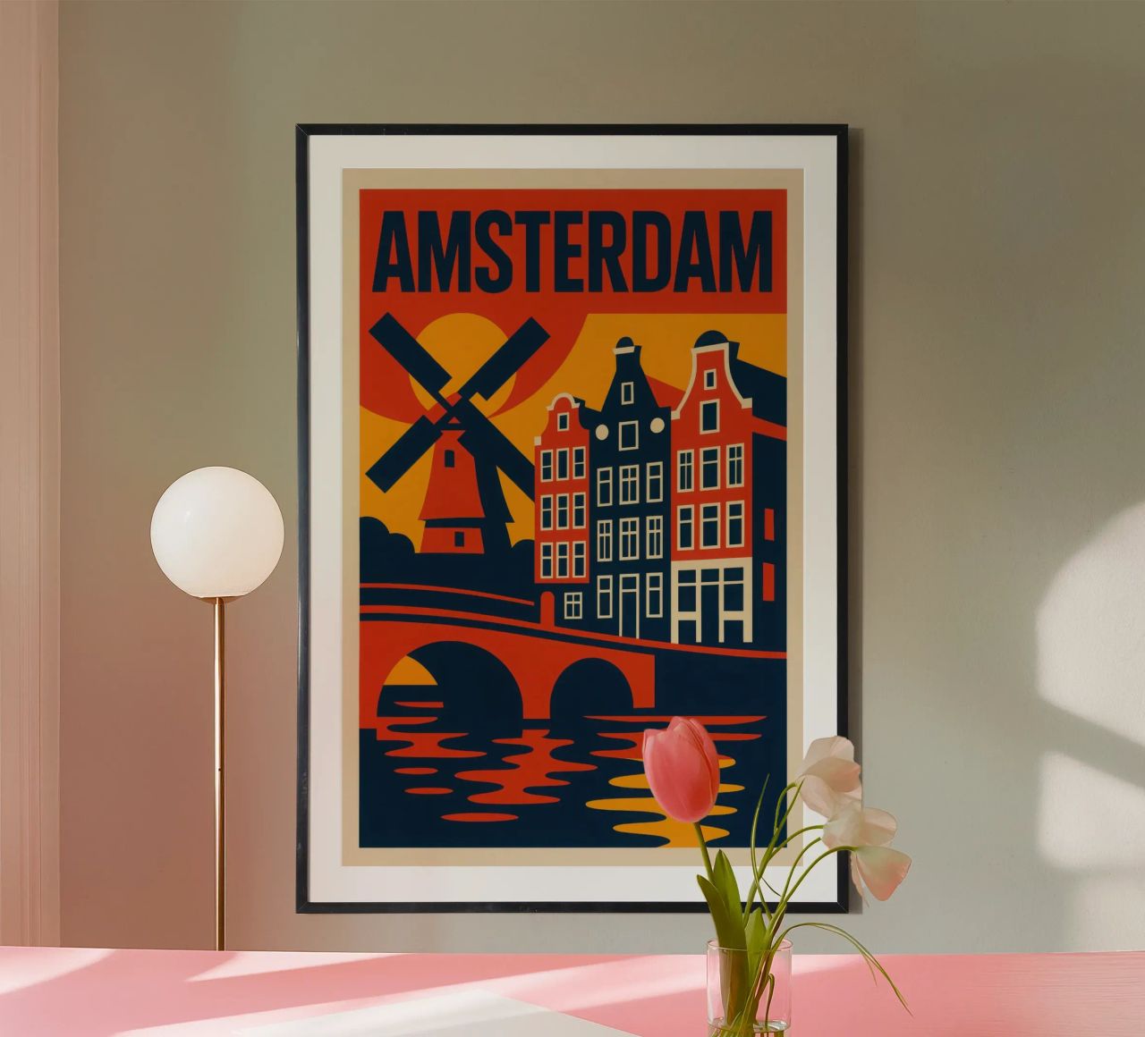 Flamboyant Amsterdam - grachten, gevels en windmolens in silhouet poster van JETLAG | affiches voyage