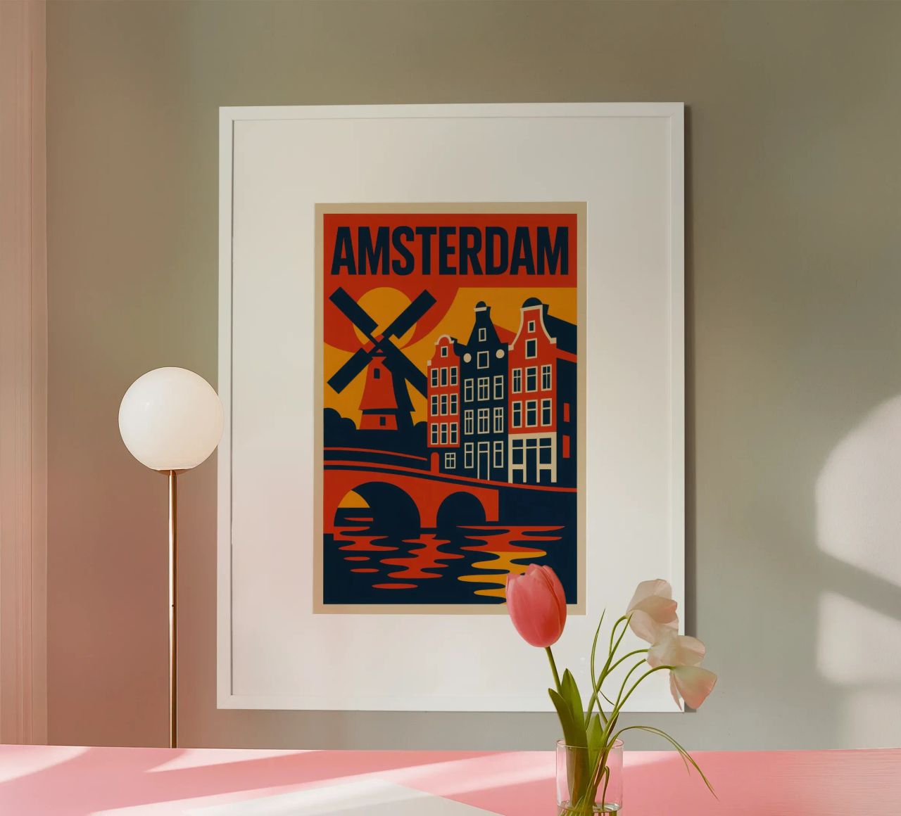 Flamboyant Amsterdam - grachten, gevels en windmolens in silhouet poster van JETLAG | affiches voyage