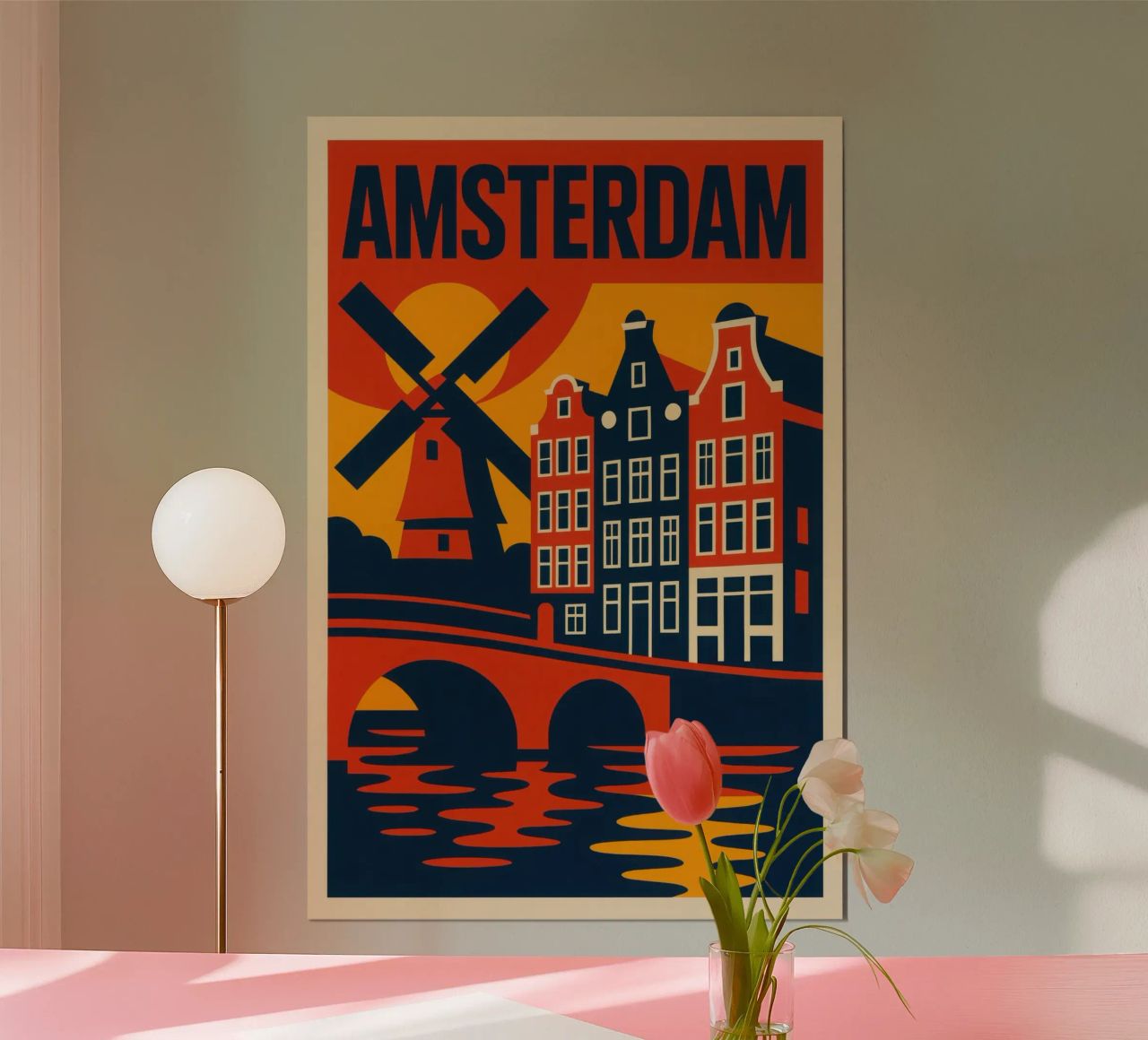 Flamboyant Amsterdam - grachten, gevels en windmolens in silhouet poster van JETLAG | affiches voyage