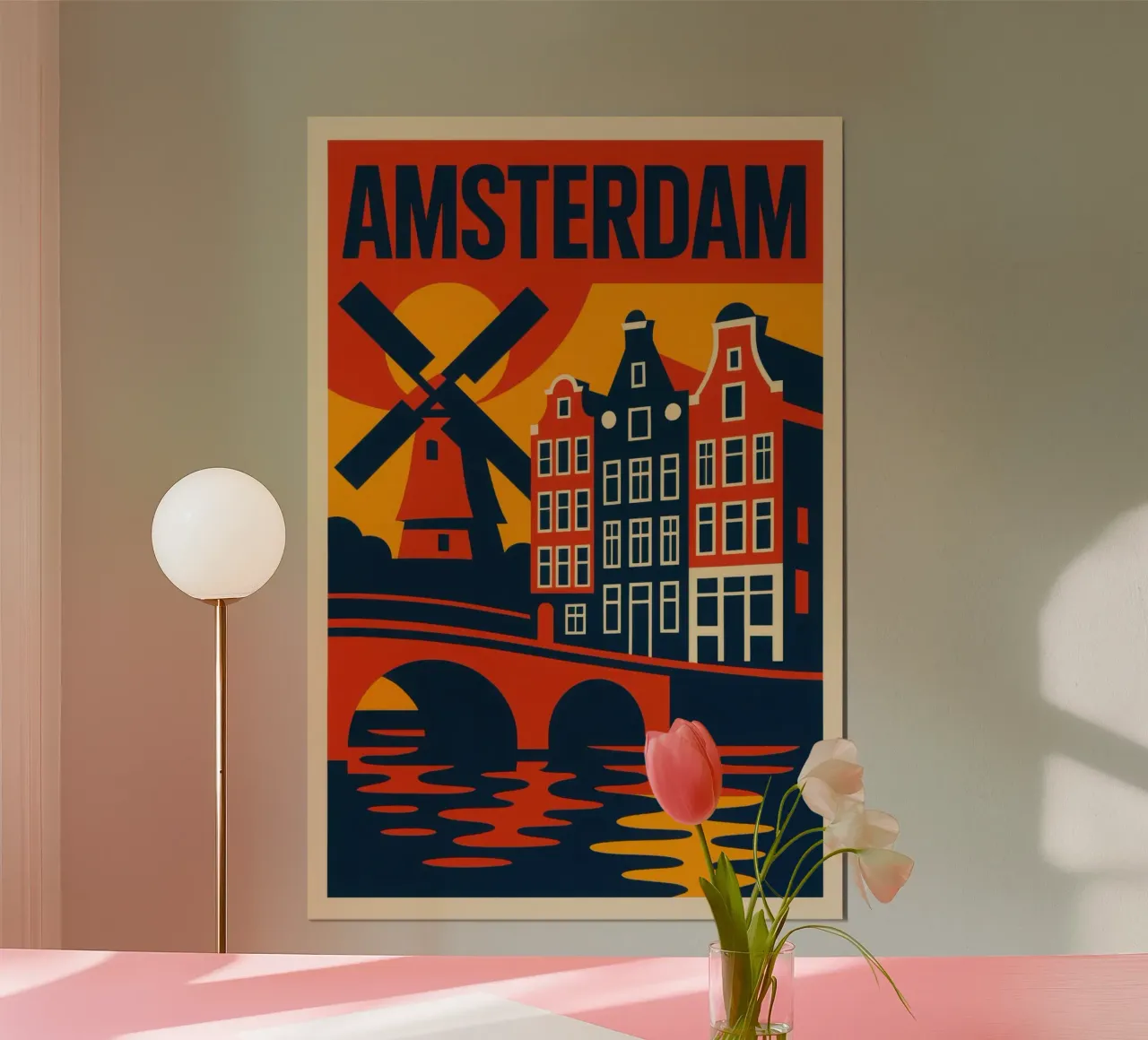 La fiammeggiante Amsterdam: canali, frontoni e mulini a vento in silhouette poster con telaio in plastica da JETLAG | affiches voyage