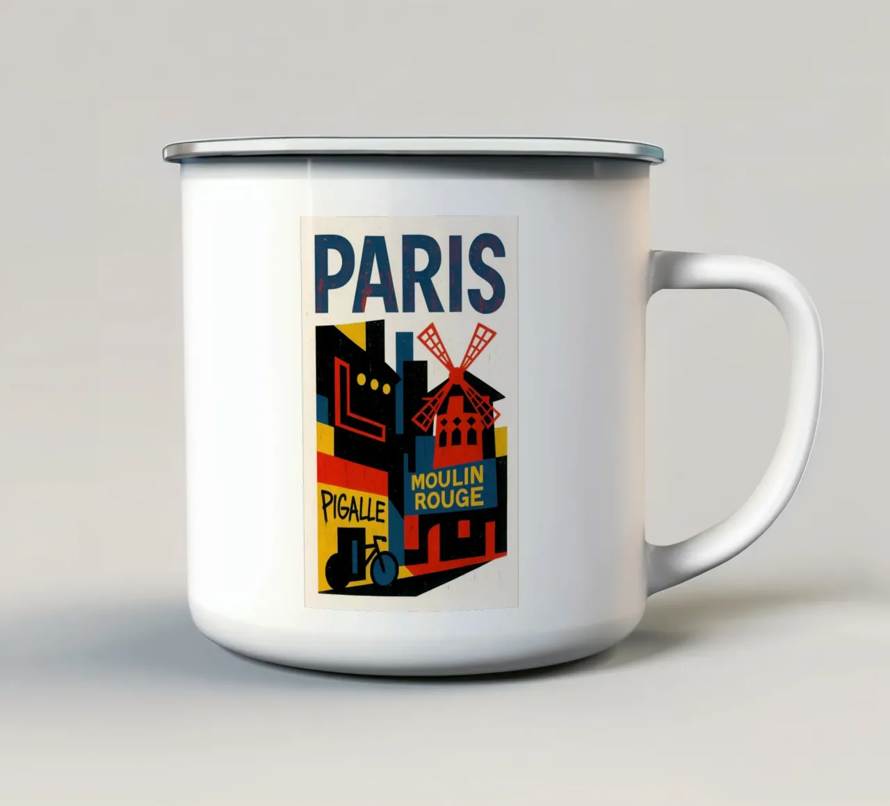 Parigi Pigalle - luci al neon, biciclette e un mulino a vento incandescente tazza in smalto da JETLAG | affiches voyage