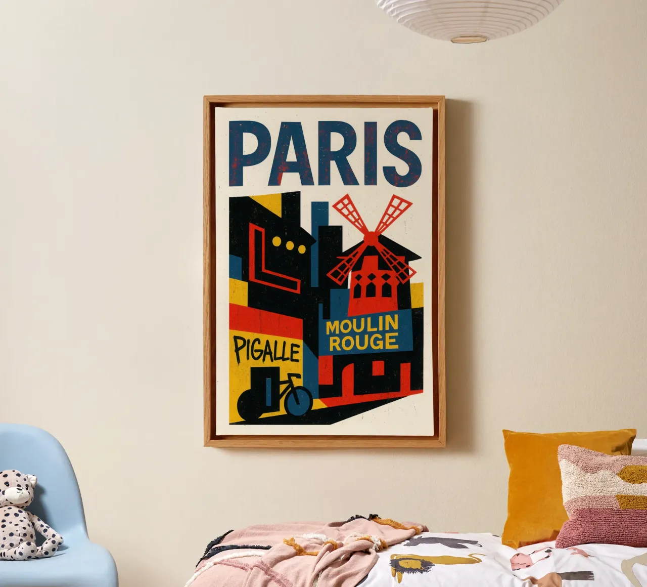 Paris Pigalle - neon lights, bicycles and a glowing windmill canvas with Floater frame by JETLAG | affiches voyage