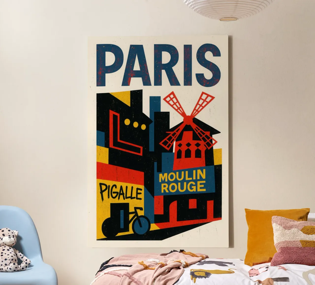 Paris Pigalle - neon lights, bicycles and a glowing windmill canvas with Floater frame by JETLAG | affiches voyage