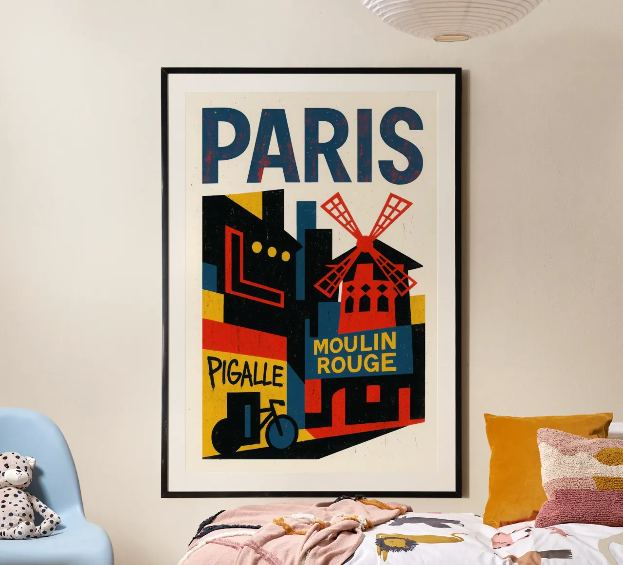 Parigi Pigalle - luci al neon, biciclette e un mulino a vento incandescente poster con telaio in plastica da JETLAG | affiches voyage