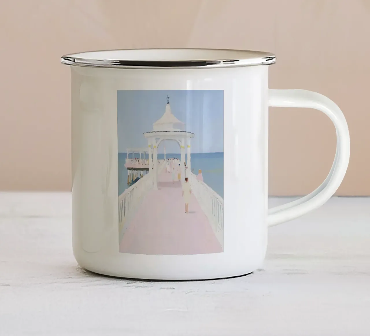 Zeekust Print, Strand Poster, Retro Print emaille mok van Little Lila