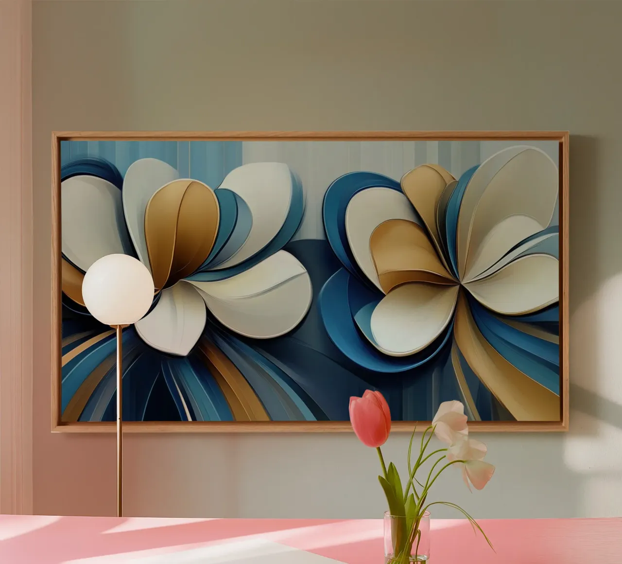 Bloemen abstract in blauw en goud canvas met Baklijst van Imagine