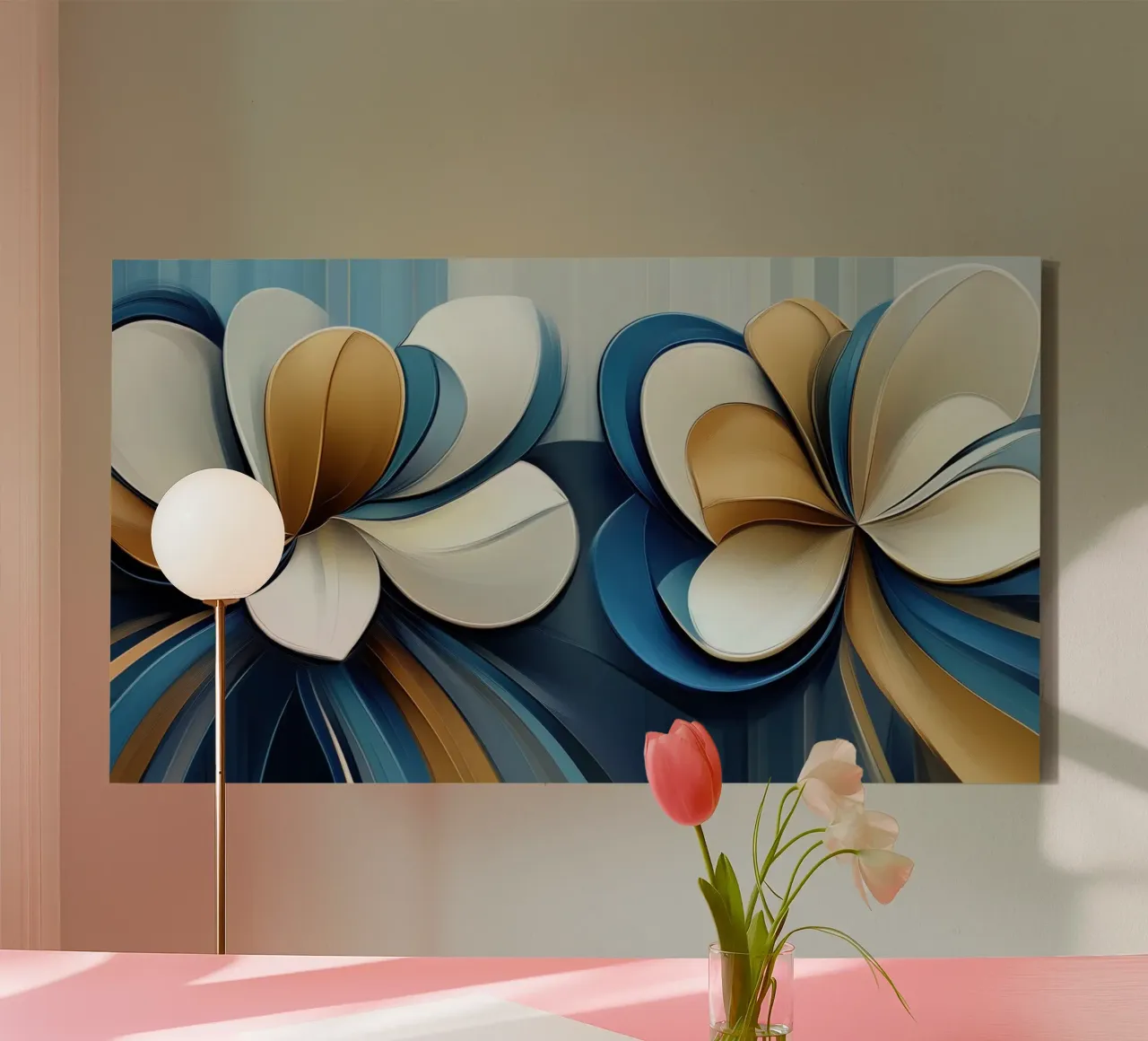 Bloemen abstract in blauw en goud canvas met Baklijst van Imagine