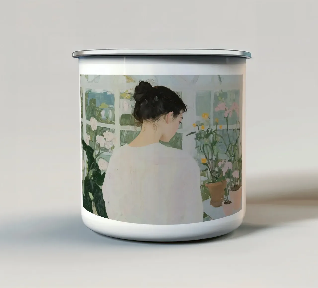 Abstracte vrouw in kas Print, Bloemen emaille mok van Little Lila
