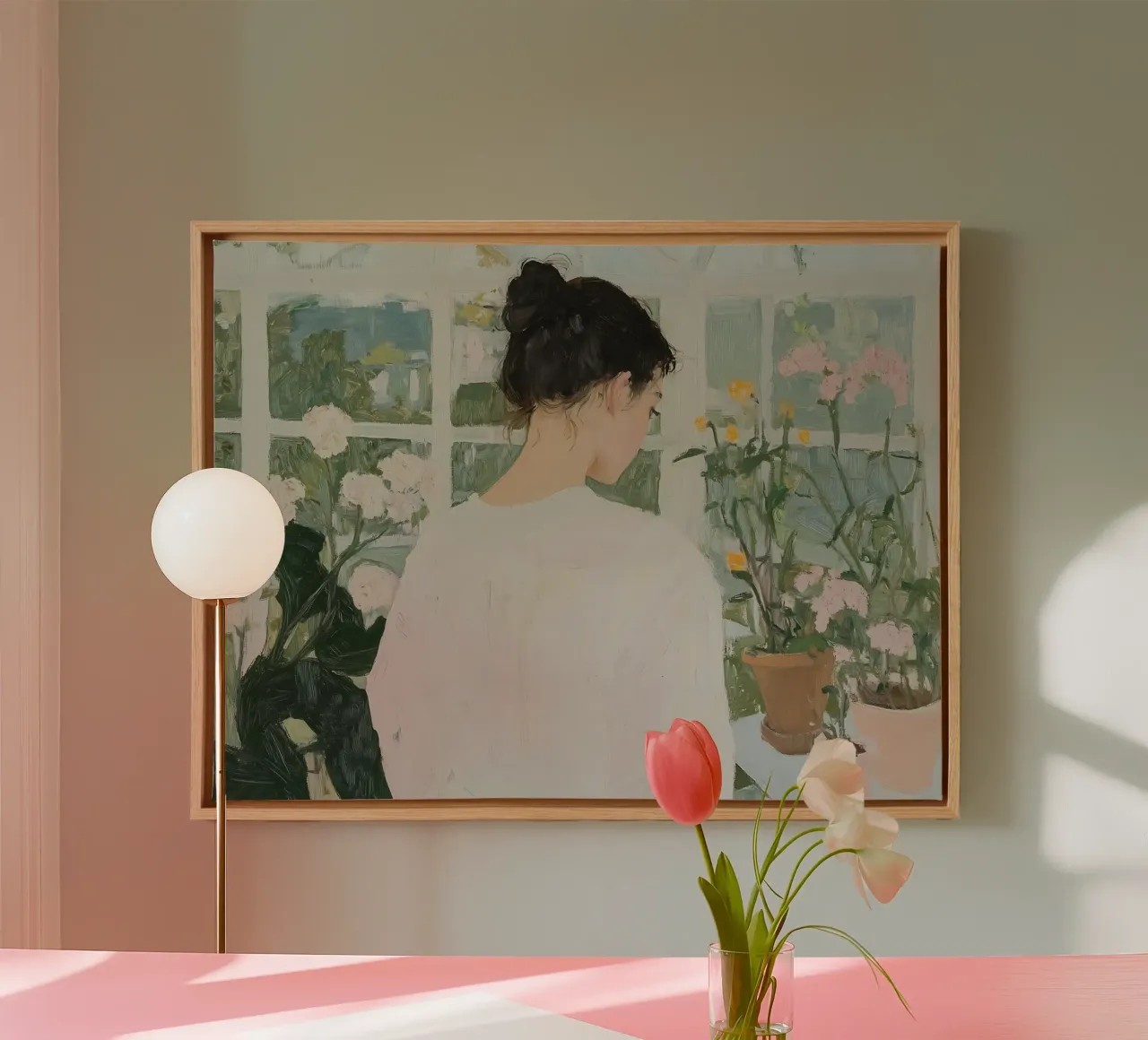 Abstracte vrouw in kas Print, Bloemen canvas met Baklijst van Little Lila