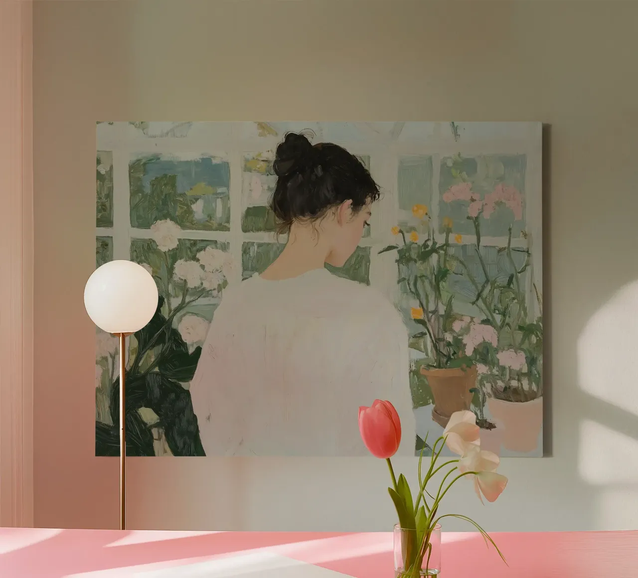 Abstracte vrouw in kas Print, Bloemen canvas met Baklijst van Little Lila