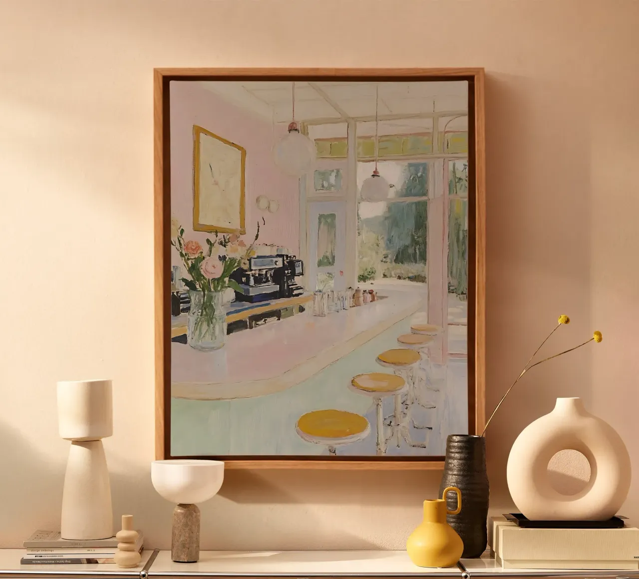 Abstracte Cafe Print, Schattig Romantisch Roze Cafe canvas met Baklijst van Little Lila