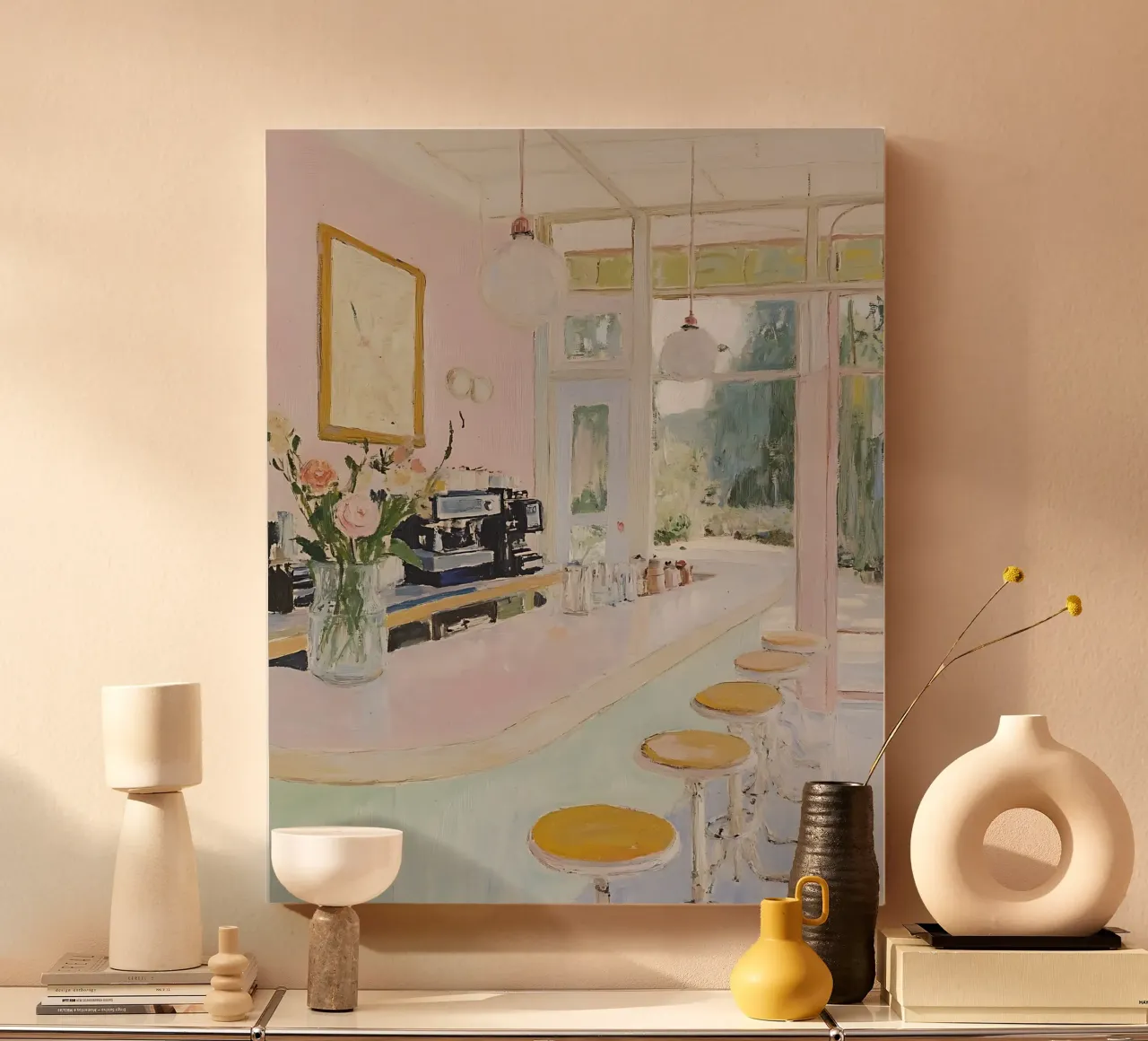 Abstracte Cafe Print, Schattig Romantisch Roze Cafe canvas met Baklijst van Little Lila