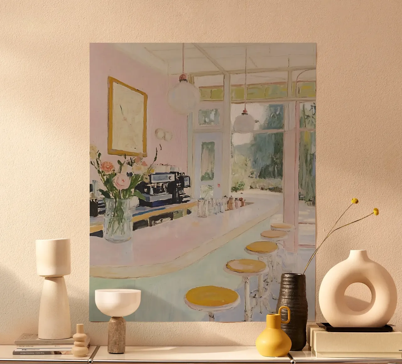 Stampa astratta del caffè, caffè rosa romantico e carino poster con telaio in legno da Little Lila