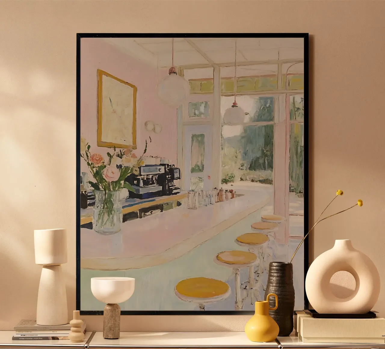 Stampa astratta del caffè, caffè rosa romantico e carino poster con telaio in legno da Little Lila
