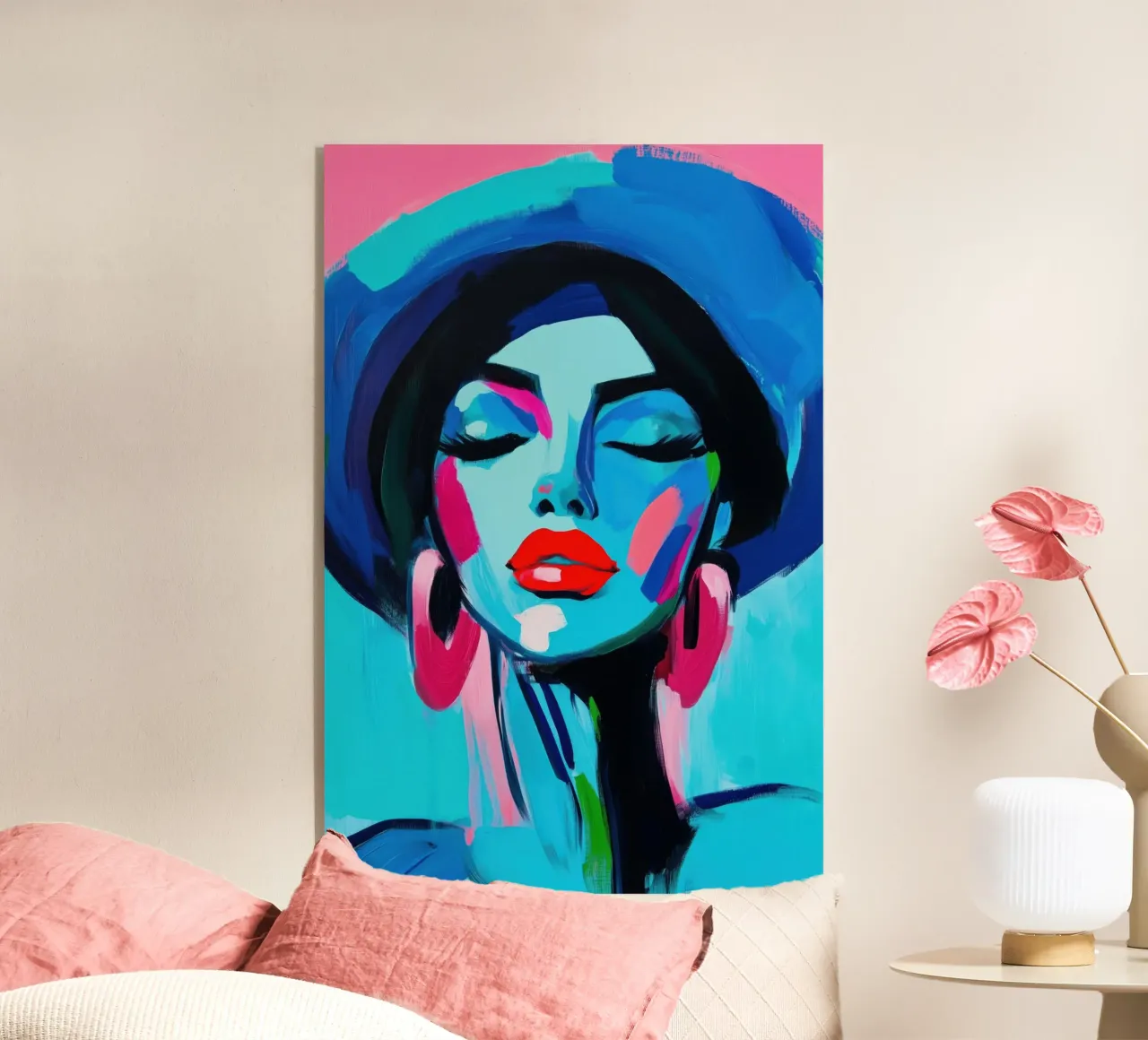 Volto di donna con colori blu plexiglass da Imagine