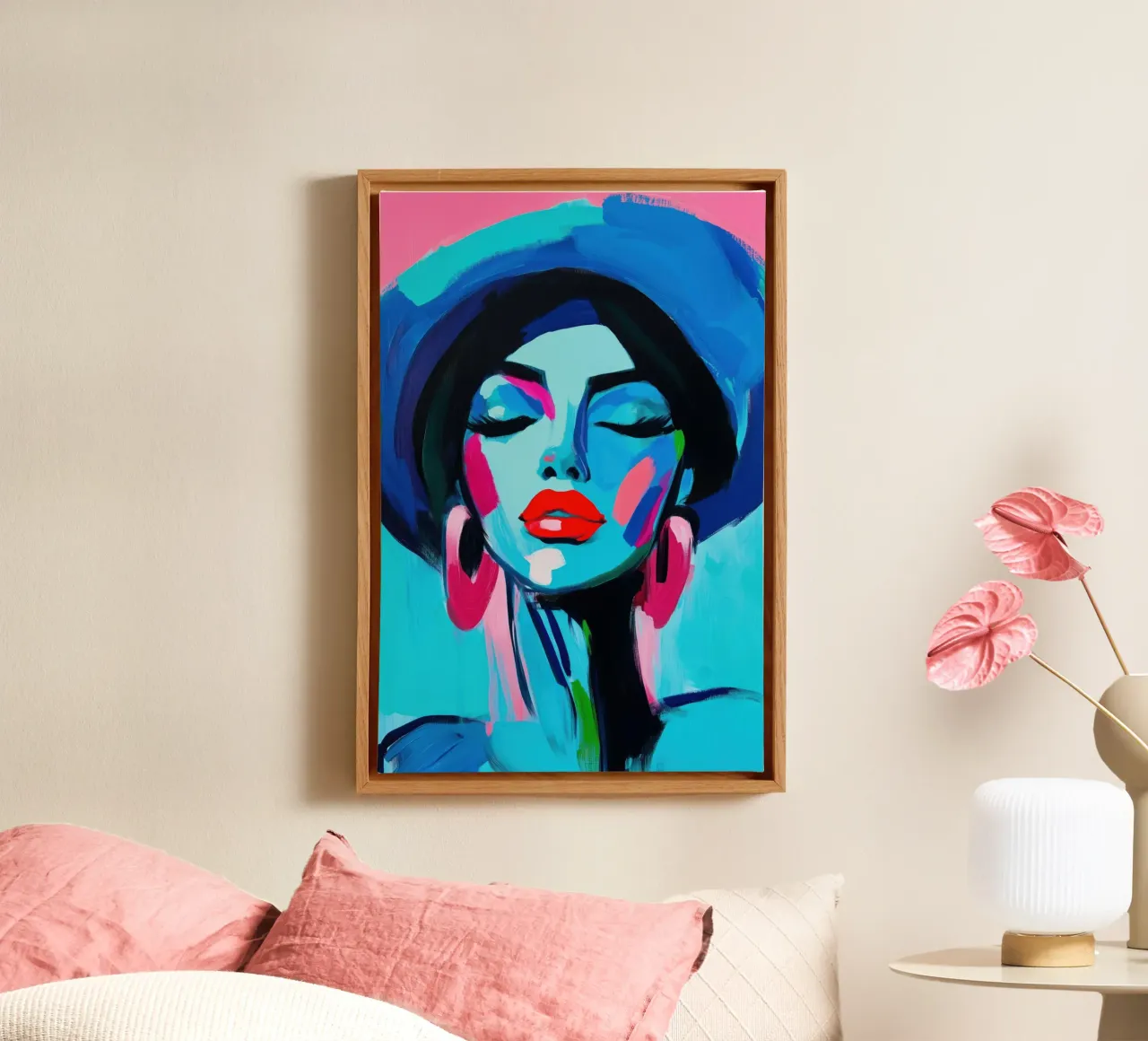 Volto di donna con colori blu tela con Cornice a cassetta da Imagine