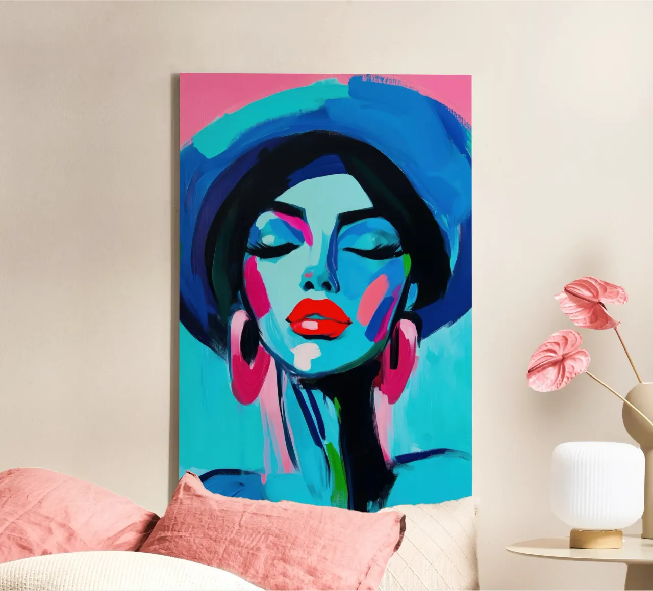 Volto di donna con colori blu tela con Cornice a cassetta da Imagine