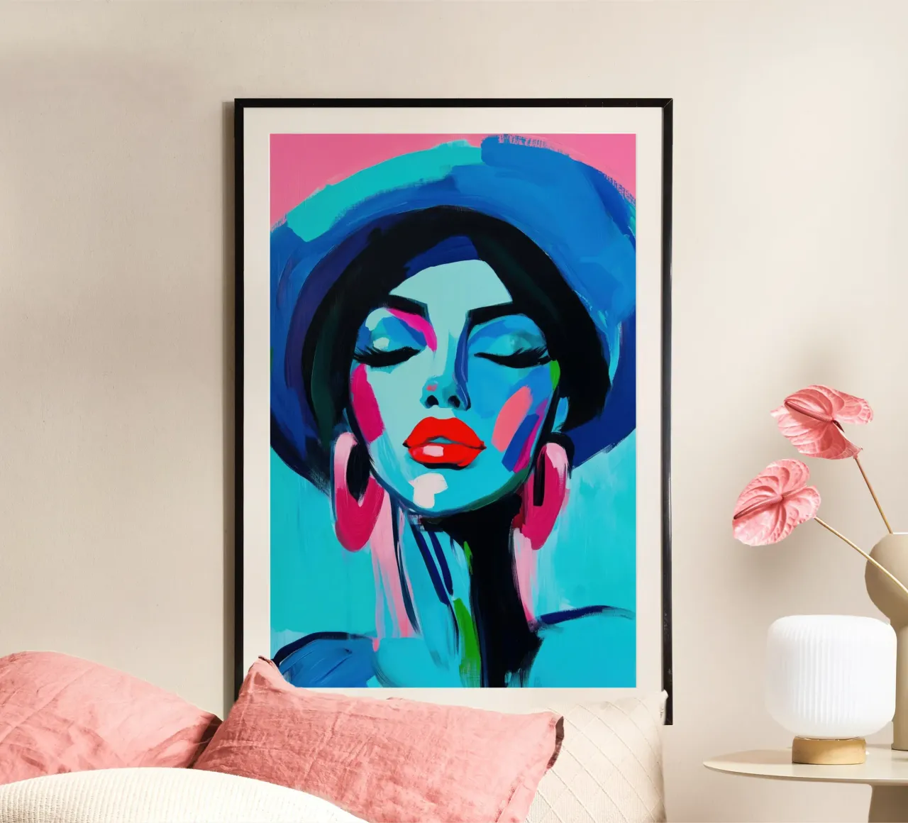 Volto di donna con colori blu carta hahnemühle da Imagine