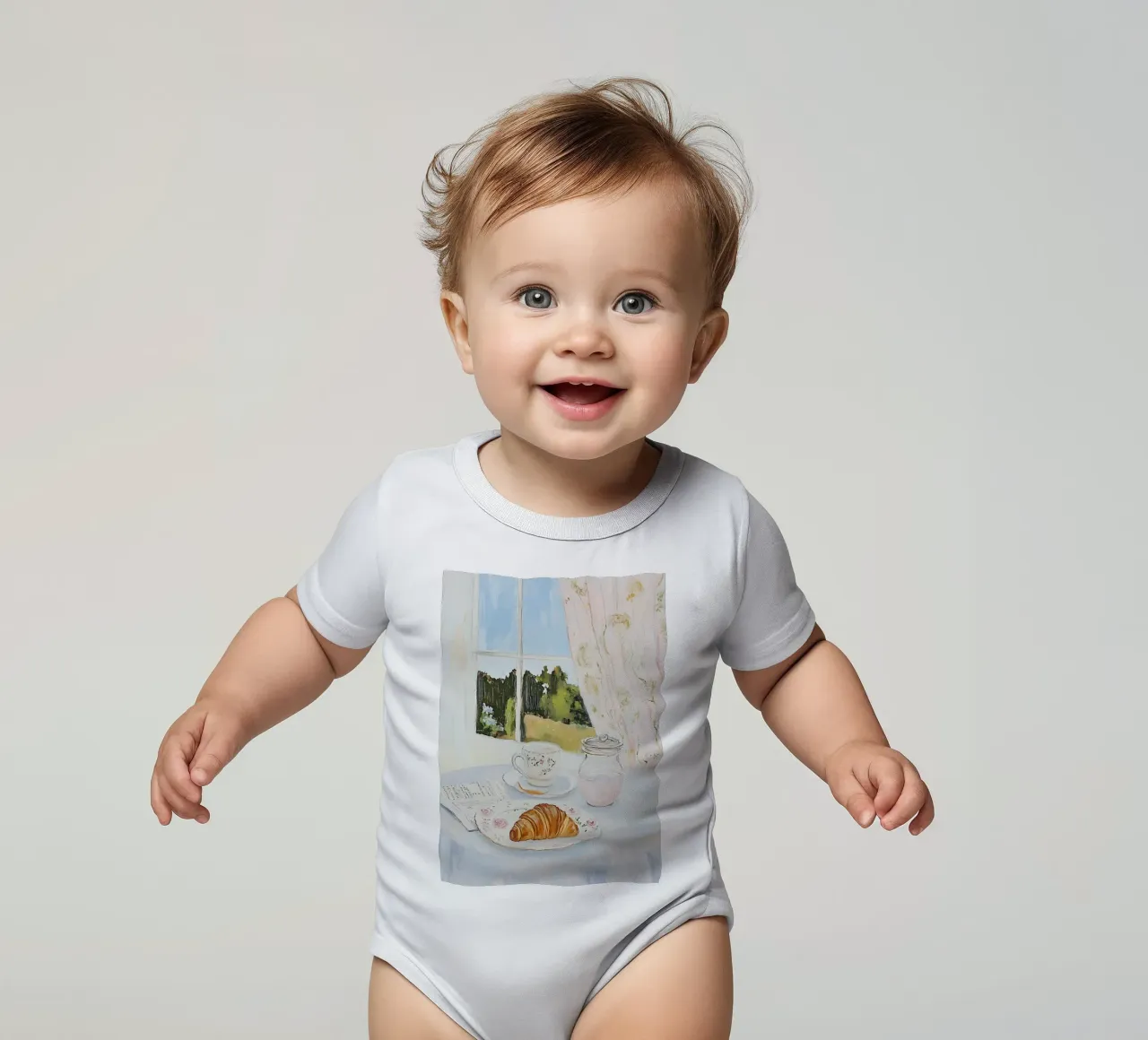 Poster per la colazione con croissant e caffè espresso body neonato maniche corte da Little Lila