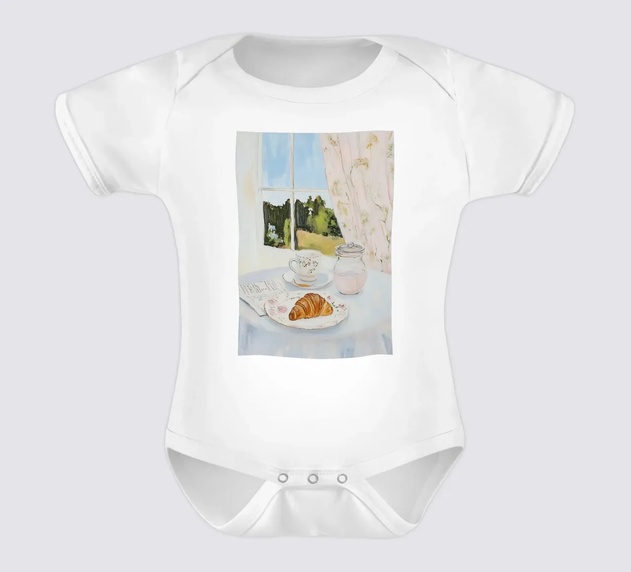 Poster per la colazione con croissant e caffè espresso body neonato maniche corte da Little Lila