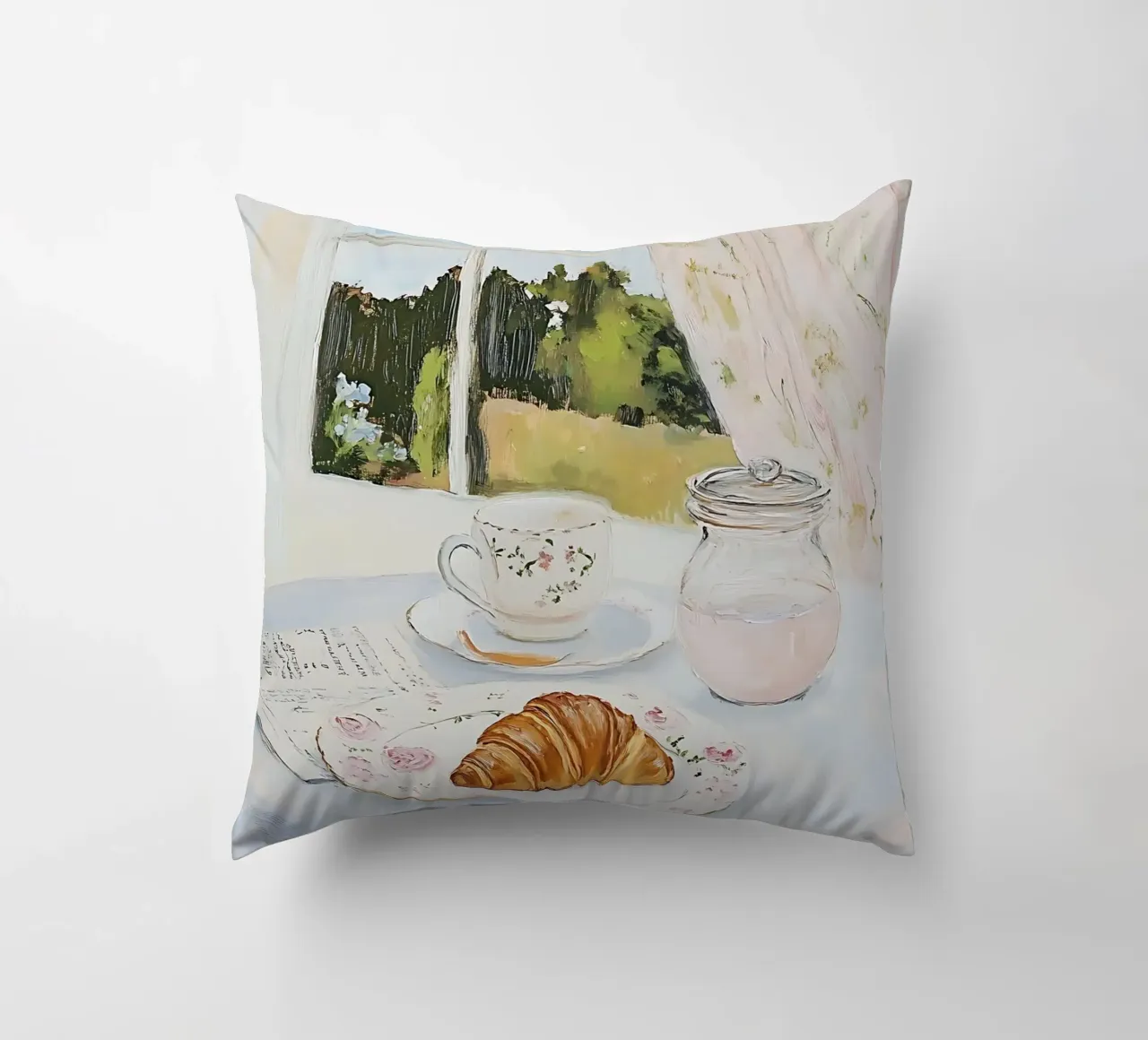 Poster per la colazione con croissant e caffè espresso cuscino da Little Lila