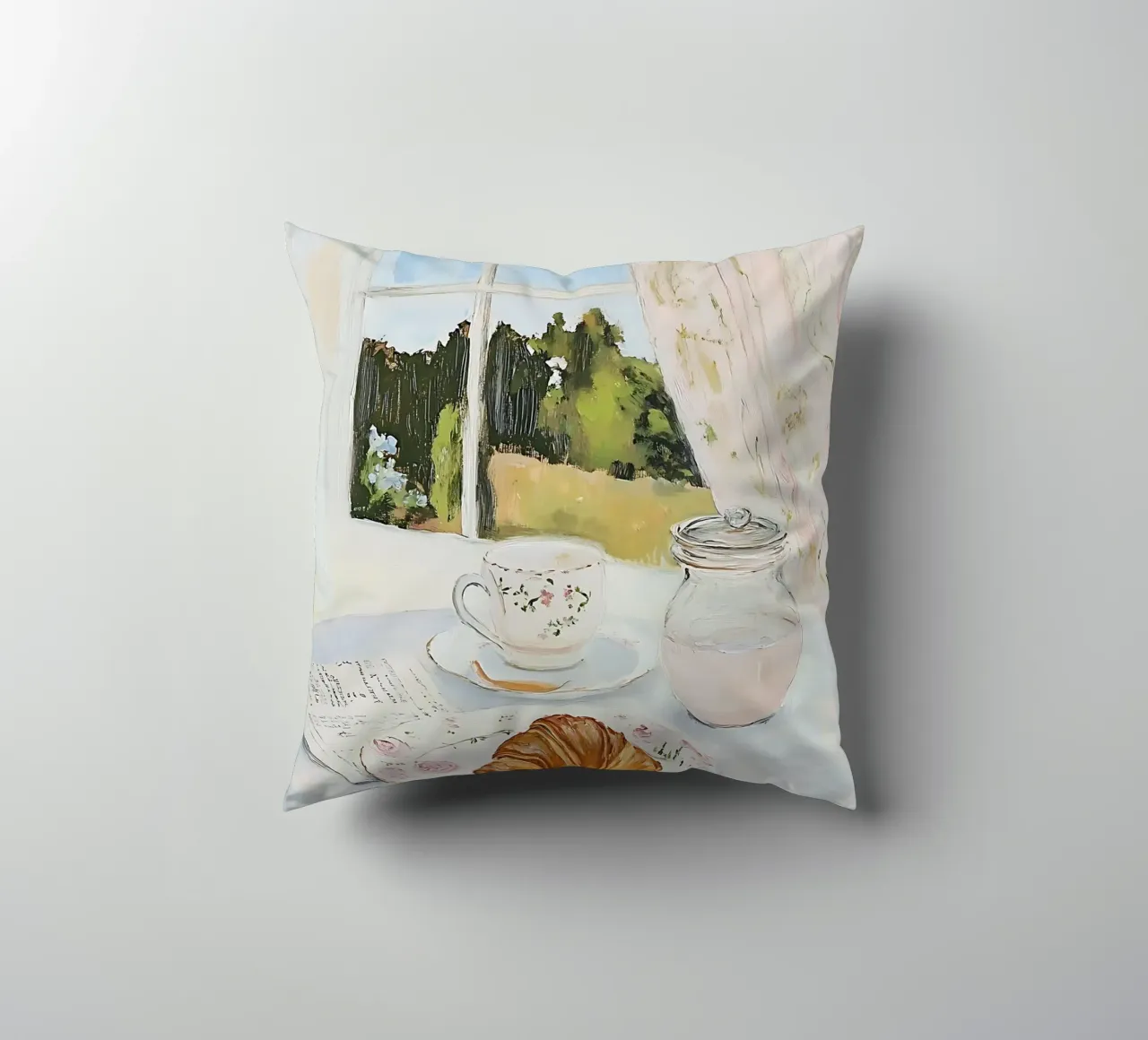 Poster per la colazione con croissant e caffè espresso cuscino da Little Lila