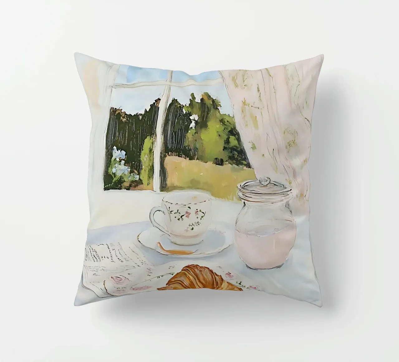 Poster per la colazione con croissant e caffè espresso cuscino da Little Lila