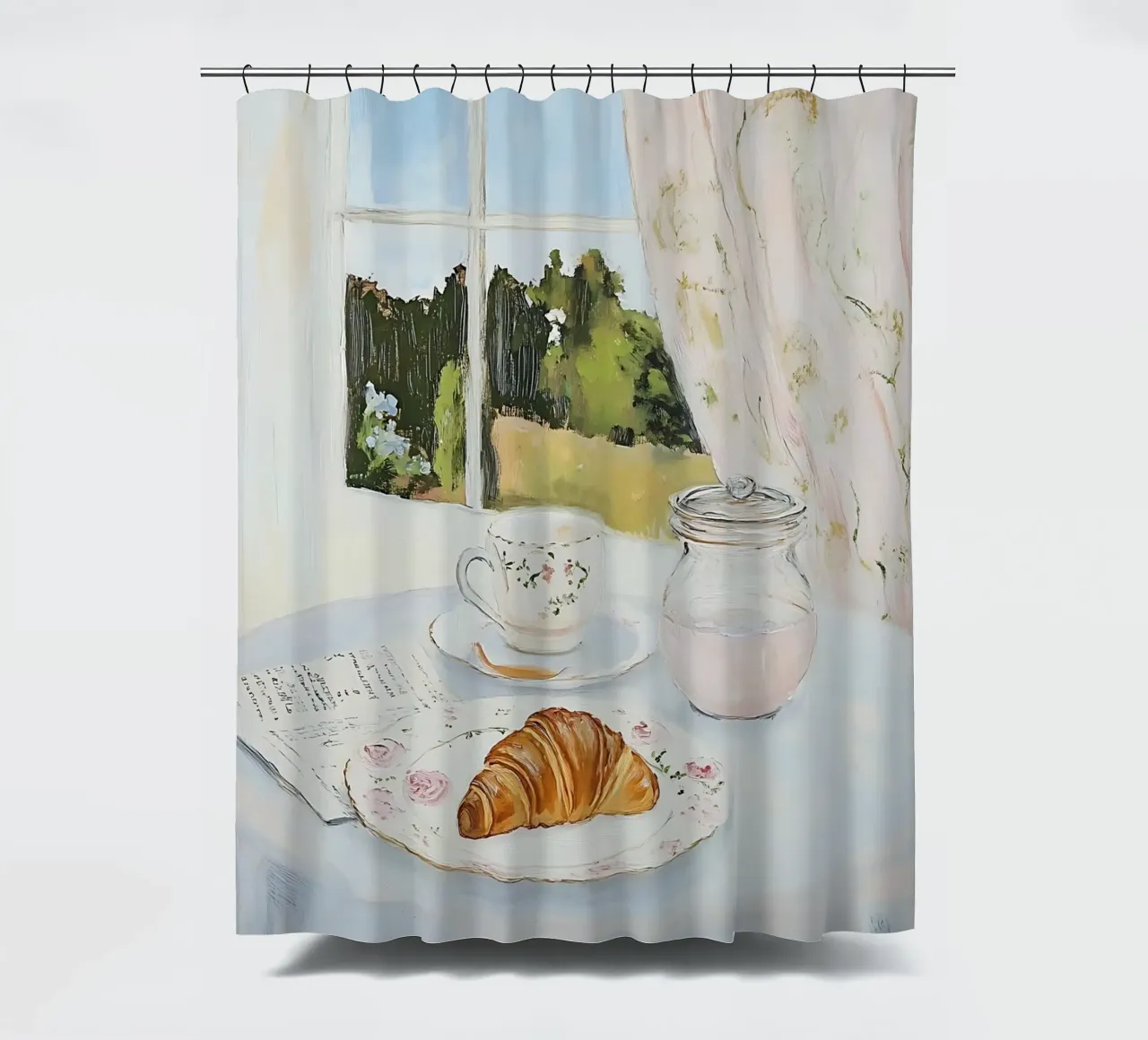 Poster per la colazione con croissant e caffè espresso tenda da doccia da Little Lila