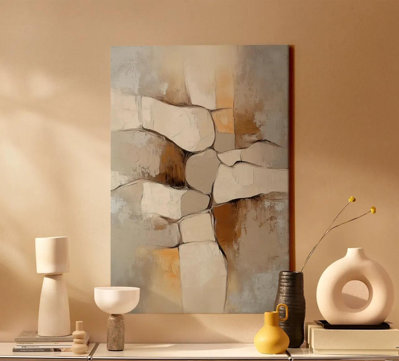 Abstract organisch in zand kleuren canvas met Baklijst van Imagine