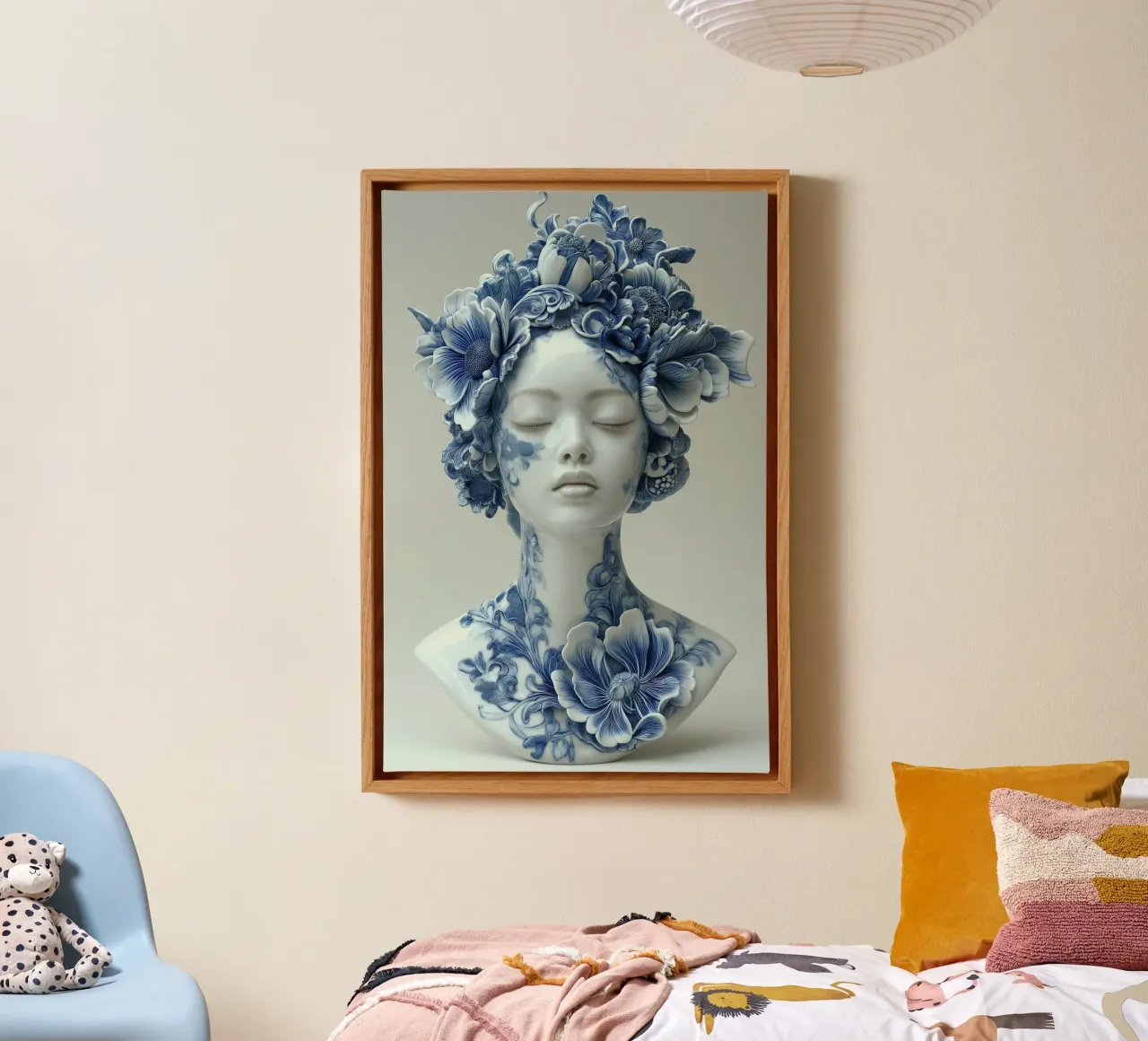 Vrouw in Delfts blauw tela con Cornice a cassetta da Imagine