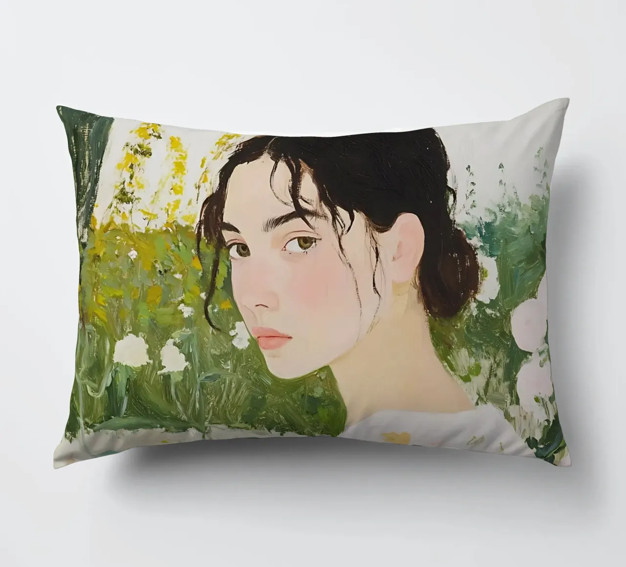 Abstract Woman Art, Wildflowers, Emerald Green Art decorative cushion by Little Lila