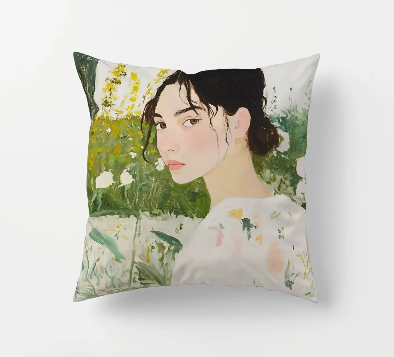 Abstract Woman Art, Wildflowers, Emerald Green Art decorative cushion by Little Lila