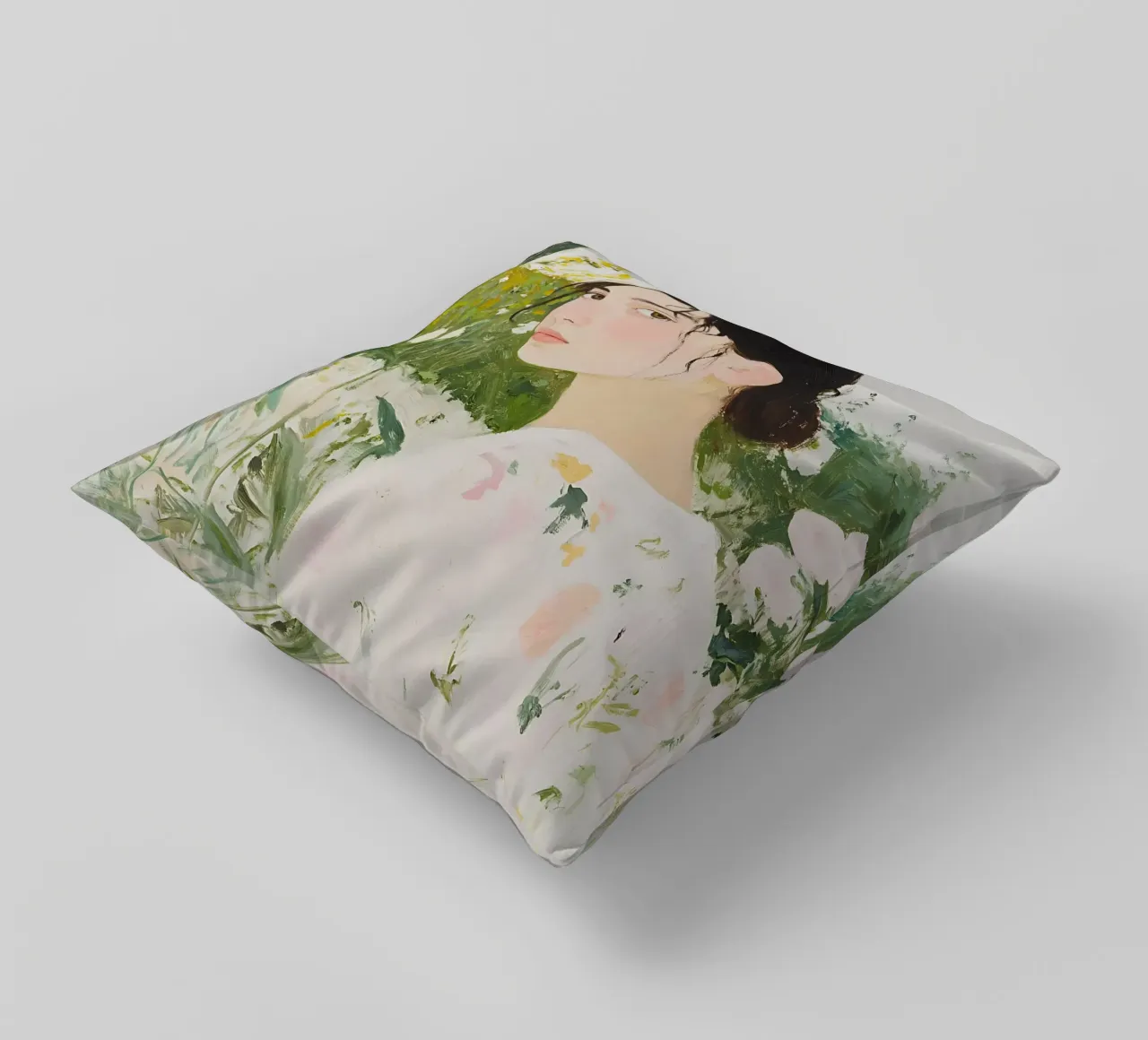Abstract Woman Art, Wildflowers, Emerald Green Art decorative cushion by Little Lila
