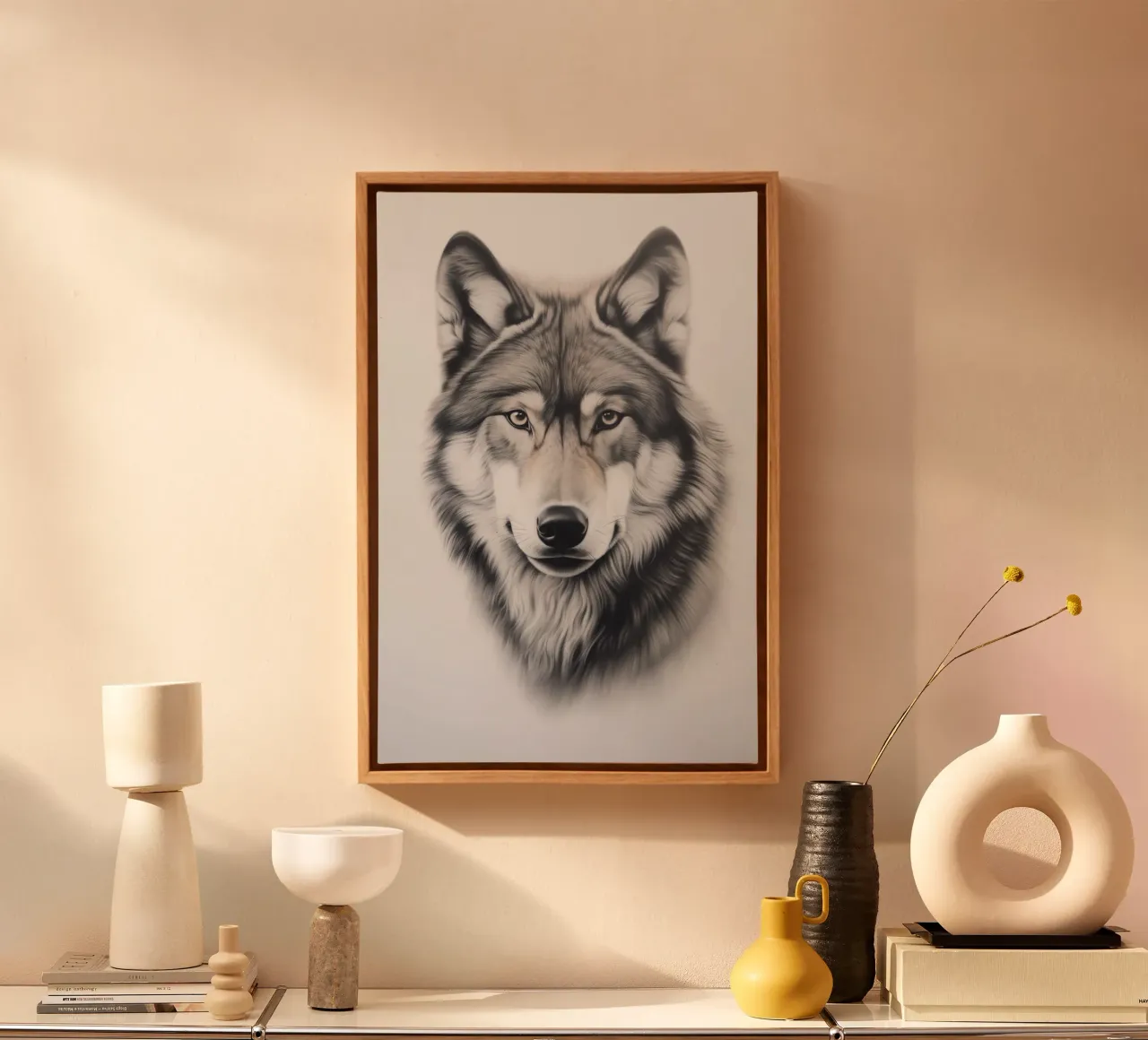 Poderoso retrato de lobo lienzo con Marco flotante de Carinaprint