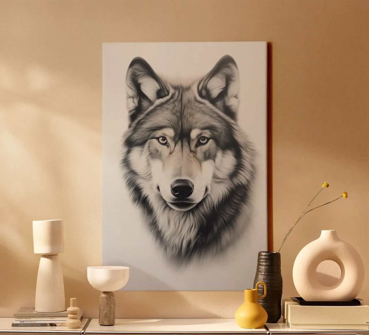 Poderoso retrato de lobo lienzo con Marco flotante de Carinaprint