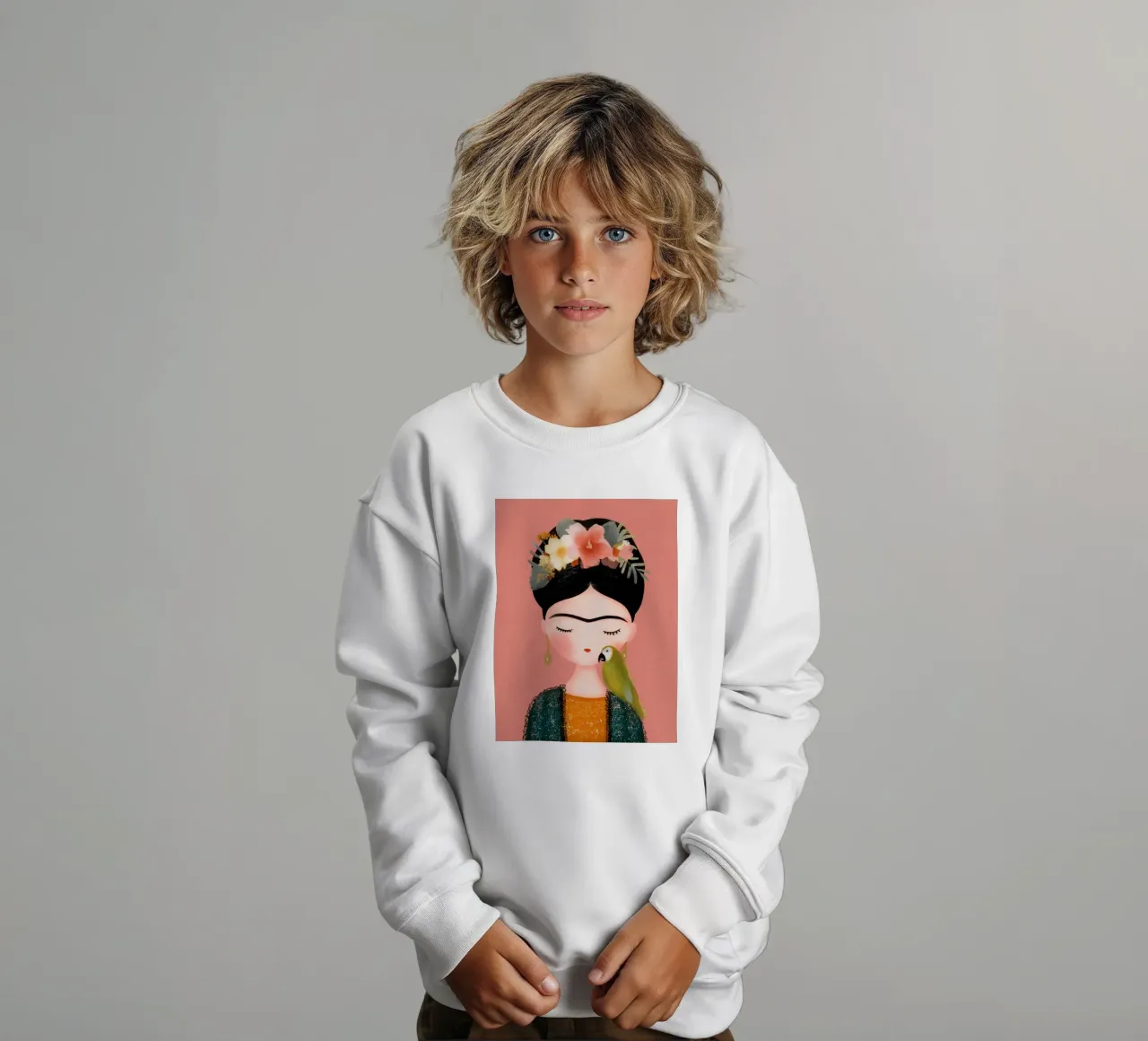 La piccola Frida con il pappagallo felpa bambino da Carinaprint