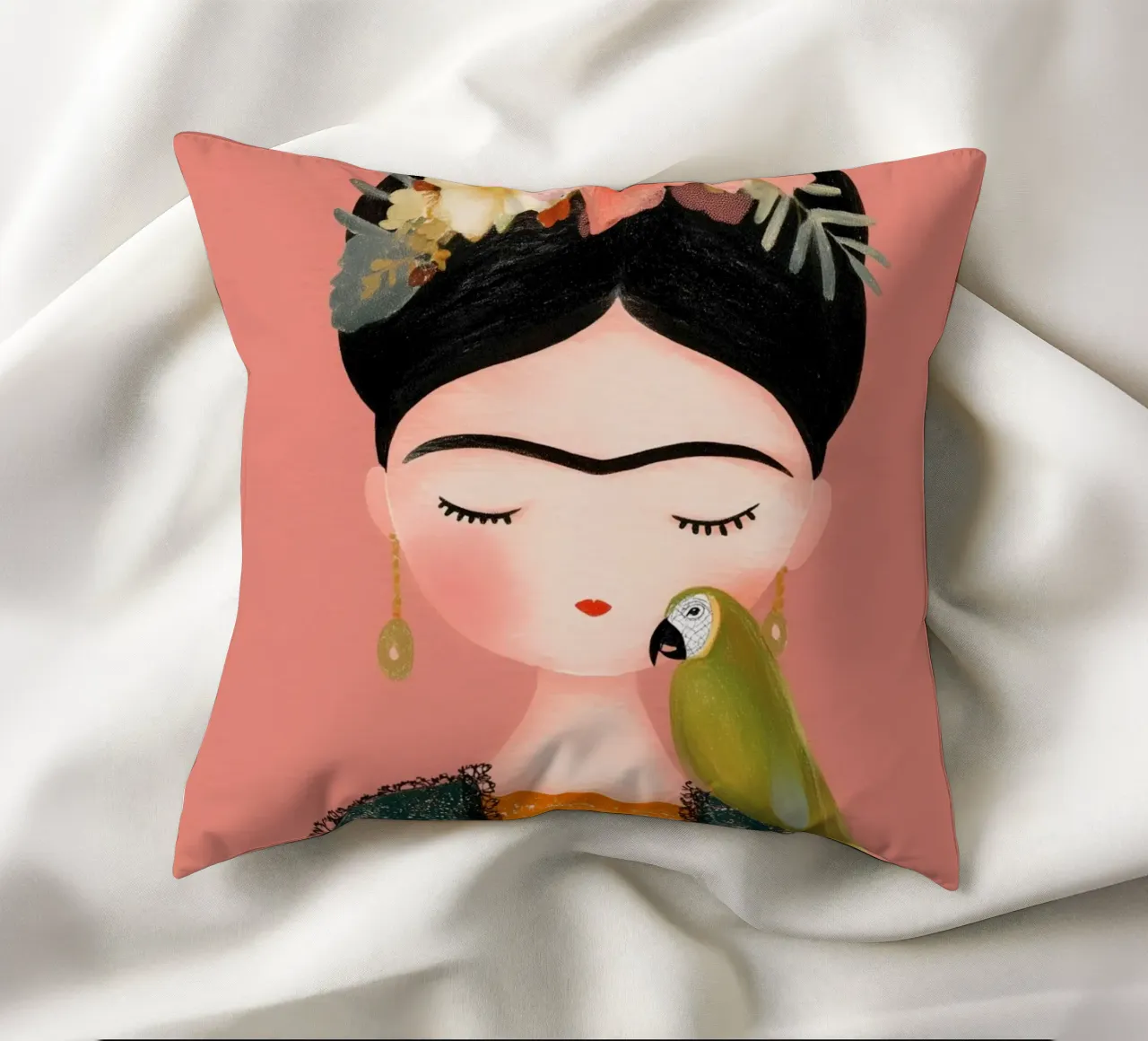 La piccola Frida con il pappagallo cuscino da Carinaprint