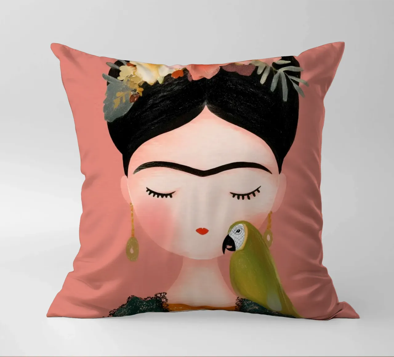 La piccola Frida con il pappagallo cuscino da Carinaprint